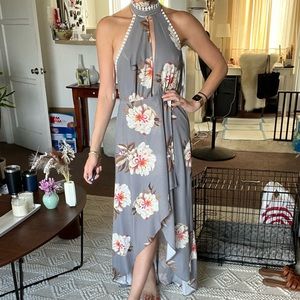 Grey Floral Flowy Halter Dress